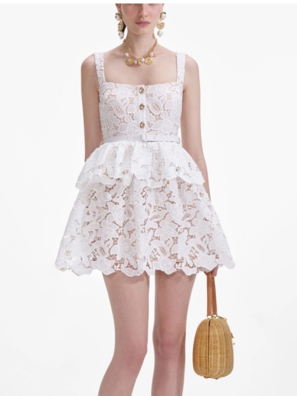 NWOT self-portrait White Lace Tiered Mini Dress - Size 4